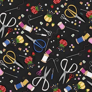 Sewing Tools Fabric on Black - Sewing Notions Fabric - Sold by the half yard - Cut off the Bolt - 100% Cotton.