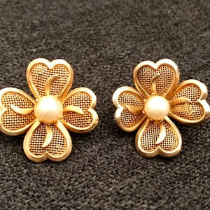 Set of Two Vintage Gold Tone Metal & Pearl Pins