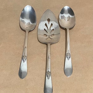 May include: A set of three silver serving utensils: two spoons and a pie server. The pie server has a decorative cut-out design. All pieces have a detailed floral pattern at the base of the handle. The utensils are arranged on a neutral-toned surface.
