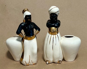 Pair of Vintage Porcelain Blackamoor Statue Figurines Nubian Genie Mid-Century 1960’s