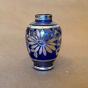 Vintage Cobalt Blue Glass Silver Overlay Mini Vase