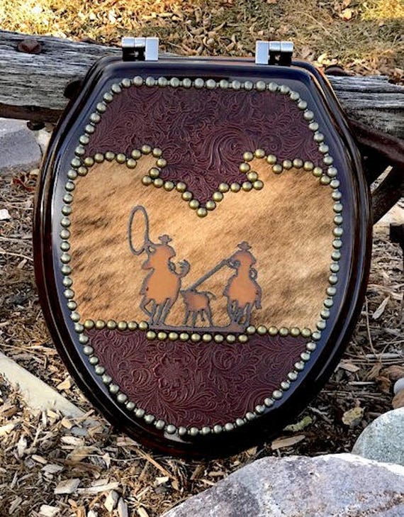 Team Roper Western Leather And Cowhide Toilet Seat Etsy