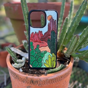 iPhone case western Tooled Leather Phone case desert cactus   iPhone 15 Pro Max phone case western