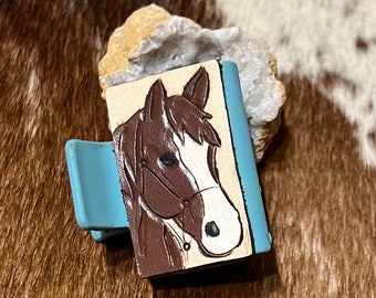 Horse head Hand carved and painted leather small claw clip