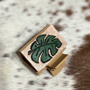 Small claw clip tooled plant tooled Monstera leaf  Hand carved and painted leather small claw clip monstera
