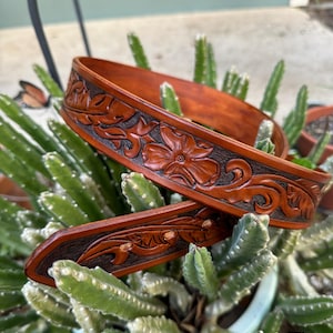 Tooled Western leather belt, custom made to order feather and scroll hand tooled belt leather belt tooled belt Western belt
