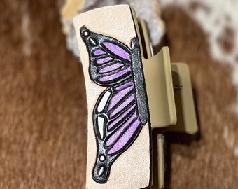 Butterfly Hand carved and painted leather medium claw clip.