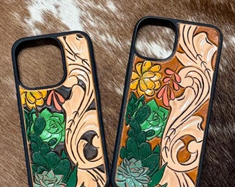 iPhone case Tooled Leather phone case iPhone leather case iPhone 14 Plus iPhone 15 pro western phone case leather phone case succulent