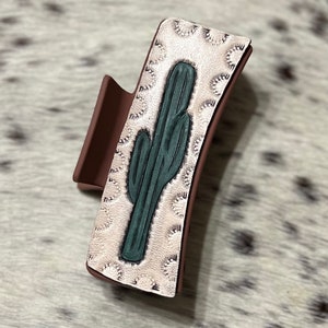 Claw clip Western cactus Hand tooled and painted leather large claw clip tooled leather western