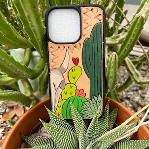 iPhone case leather Tooled Leather Phone case cactus and cow skull iPhone 13 Pro