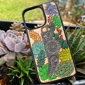iPhone case Tooled Leather Phone case Spade Bit and Succulents fits IPhone 14 Pro Max western iPhone case succulent bit