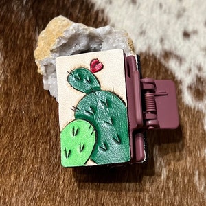 Claw clip western tooled leather Cactus western  Hand carved and painted leather small claw tooled clip