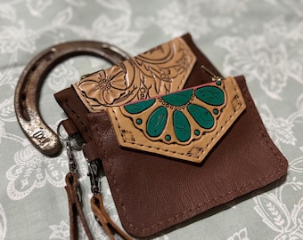 Leather wristlet Tooled leather western wristlet keychain pouch leather pouch western leather keychain