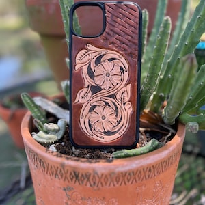 Iphone case western Tooled Leather Phone case  iPhone 15 plus western phone case tooled