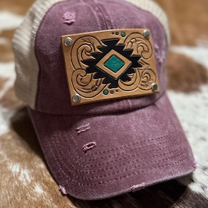 Patch Cap tooled leather with ponytail or bun hole Women’s western cap tooled patch cap