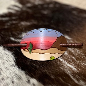 Leather barrette Hand tooled and painted western leather barrette desert sunset tooled barrette leather barrette tooled
