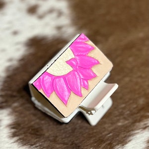 Claw clip small tooled Pink sunflower Hand carved and painted tooled leather small claw clip
