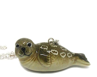 Ringed Seal Necklace, Charm Necklace, Charm Jewelry, Gray Seal Charm, Seal Jewelry, Marine Mammal Necklace, Ceramic Seal, Sea Lion Necklace