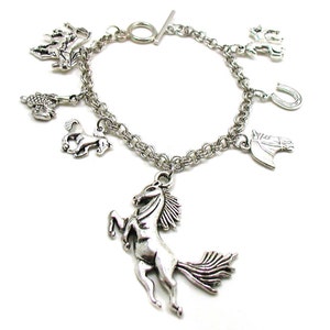 Horse Bracelet, Horse Charm Bracelet, Equestrian Bracelet, Horse Jewelry, Silver Horse Bracelet, Horse Lover Gift, Running Horse, Horseshoe