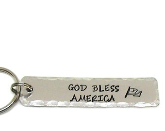 God Bless America, Customized Keychain, American Flag Keychain, Rectangle Keychain, Metal Keychain, Personalized Gift, Hand Stamped Gift