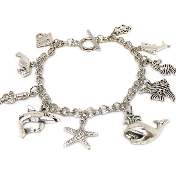 Ocean Charm Bracelet, Beach Bracelet, Marine Life Bracelet, Seashore Charm Bracelet, Sea Animals Charm Bracelet, Marine Charms Bracelet