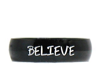Believe Ring, Black Personalized Name Ring, Black Ring Band, Religious Jewelry, Custom Name Ring, Men's Ring, Unisex Ring, Black Band Ring