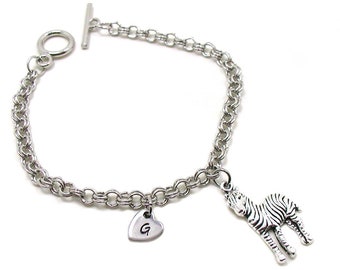 Zebra Charm Bracelet, Zebra Bracelet, Zebra Jewelry, Initial Bracelet, Zoo Charm Bracelet, Personalized Bracelet, Zebra Lover Charm Bracelet