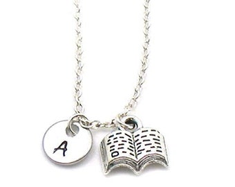 Silver Book Necklace, Open Book Charm Necklace, Personalized Necklace, Custom Gift, Initial Necklace, Writer Gift, Novel Charm, Book Jewelry