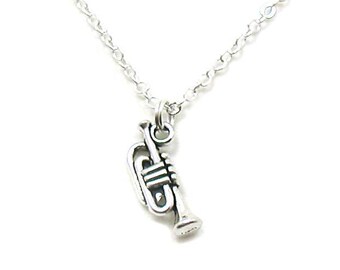 Trumpet Necklace, Silver Trumpet, Music Necklace, Trumpet Jewelry, Trumpet Pendant, Musical Instrument, Band Necklace, Music Teacher Charm