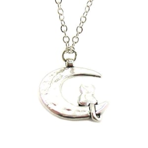 Crescent Moon Necklace, Cat On Moon Necklace, Crescent Moon With Cat, Moon Jewelry, Moon Necklace, Jewelry Gift, Gift Under 20, Silver Moon