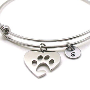Paw Print Bangle, Paw Print Charm Bracelet, Expandable Bangle, Charm Bangle, Paw Print Bracelet, Initial Bracelet, Animal Lover Bracelet