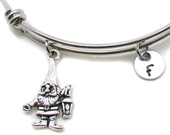 Garden Gnome Bracelet, Garden Gnome Bangle, Silver Garden Gnome Jewelry, Expandable Charm Bracelet, Initial Bracelet, Gardening Gnome Gift