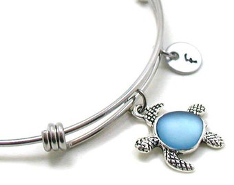 Sea Turtle Bracelet, Sea Turtle Bangle Bracelet, Sea Turtle Jewelry, Turtle Charm, Expandable Charm Bracelet, Initial Bracelet, Ocean Charm