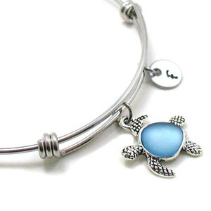 Sea Turtle Bracelet, Sea Turtle Bangle Bracelet, Sea Turtle Jewelry, Turtle Charm, Expandable Charm Bracelet, Initial Bracelet, Ocean Charm