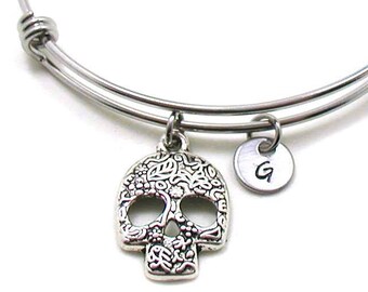 Skull Bracelet, Floral Skull Bracelet, Expandable Bangle, Charm Bracelet, Initial Bracelet, Boho Bracelet, Boho Bangle, Silver Skull Bangle