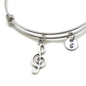 Musical Note Bangle, Treble Clef Charm Bracelet, Expandable Bangle, Charm Bangle, Musical Note Jewelry, Initial Bracelet, Music Teacher Gift