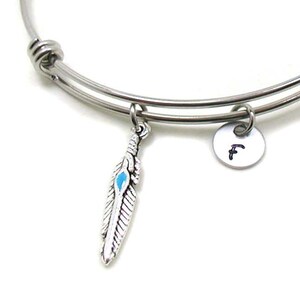 Feather Bangle, Feather Charm Bracelet, Bird Feather Jewelry, Feather Bracelet, Silver Feather, Expandable Charm Bracelet, Initial Bracelet
