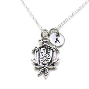 Cuckoo Clock Necklace, Grandfather Clock, Cuckoo Clock Charm, Cuckoo Clock Pendant, Monogram Necklace, Cuckoo Clock Gift, Initial Necklace