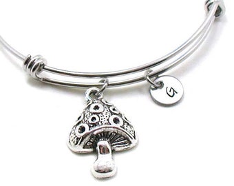 Mushroom Charm Bracelet, Mushroom Bangle Bracelet, Mushroom Jewelry, Mushroom Bracelet, Expandable Charm Bracelet, Initial Bracelet