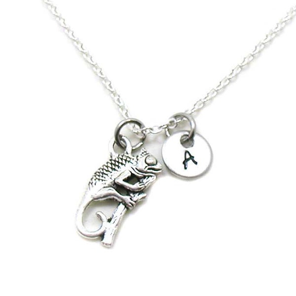 Silver Chameleon Necklace, Gecko Necklace, Chameleon Charm, Gecko Charm, Reptile Jewelry, Lizard Charm, Monogram Necklace, Iguana Necklace