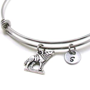 Wolf Bangle, Wolf Charm, Wolf Bracelet, Expandable Bangle, Initial Bracelet, Silver Wolf Bangle, Wolf Jewelry, Howling Wolf, Wildlife Charm
