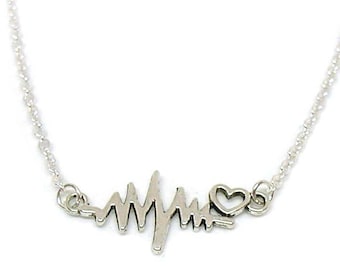 Heartbeat Necklace, EKG Necklace, Charm Jewelry, EKG With Heartbeat Charm, Heartbeat Jewelry, Silver Heartbeat, Nurse Jewelry, RN Necklace