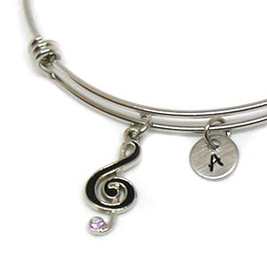Musical Note Bangle, Treble Clef Charm Bracelet, Expandable Bangle, Charm Bangle, Musical Note Jewelry, Initial Bracelet, Music Teacher Gift