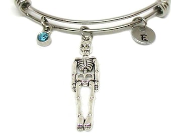 Skeleton Bracelet, Skeleton Bangle, Halloween Jewelry, Expandable Bracelet, Bones Bracelet Gift, Skeleton Charm, Bones Charm, Halloween Gift