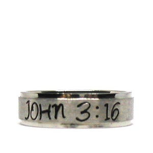 May include: A silver ring with the words "JOHN 3:16" engraved on it.