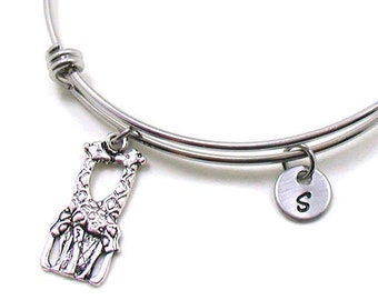 Two Giraffes Bangle, Giraffe Charm, Giraffe Bracelet, Expandable Bangle, Initial Bracelet, Silver Giraffe, Giraffe Jewelry, Love Giraffes