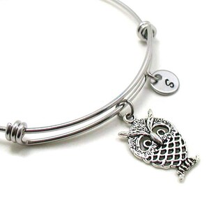 May include: A silver expandable bangle bracelet with an owl charm and a personalized disc charm with the letter "S".