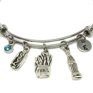 Hot Dog Fries and Soda Pop Bangle, Fast Food Themed Gift, Adjustable Bangle, Foodie Jewelry, Hot Dog Charm, French Fry Charm, Drink Charm