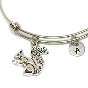 Squirrel Bracelet, Squirrel Bangle Bracelet, Squirrel Jewelry, Squirrel Charm, Expandable Charm Bracelet, Initial Bracelet, Critter Bracelet