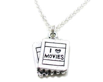 I Love Movies Necklace, Movie Tickets Necklace, Movie Jewelry, Movie Necklace, Movie Charm, Movie Ticket Charm, Movie Lover Charm, Cinema